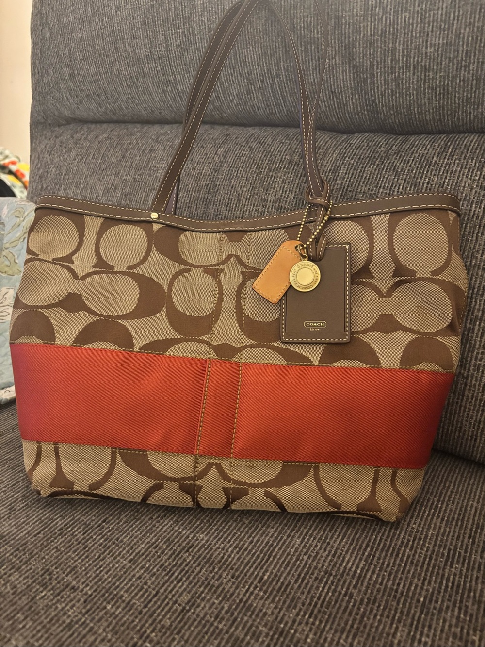 Coach Signature Stripe Tote 10124 Classic Brown Tan Orange